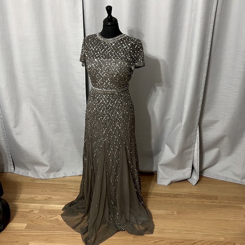Grey Silver Sequined Floor Length Dress